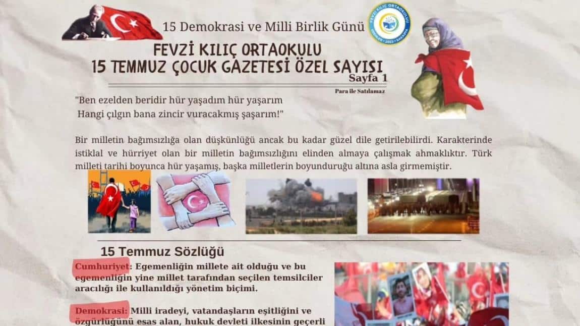 15 Temmuz Demokrası ve Milli Birlik Günü Özel Sayı Çocuk Gazetesi
